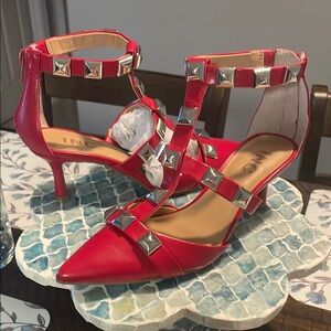 INC International Concepts Red Studded Strappy Heels